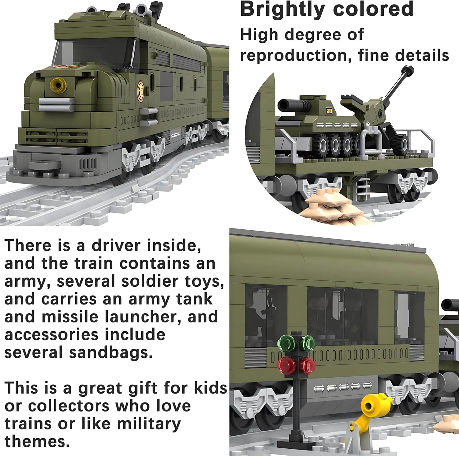 Classic Military Train Building Block Set for Boys & Girls Aged 6-12, Vintage Transport Model Building Bricks Set with Train Tracks, STEM Toys, 764PCS