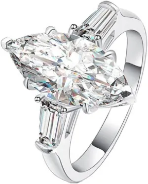 Classic Platinum Plated Marquise Cut and Baguette CZ Cubic Zirconia Engagement Ring 3-Stone Wedding Promise Rings for Her (US Size 9)