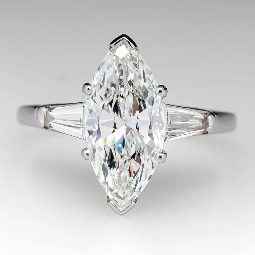 Classic Platinum Plated Marquise Cut and Baguette CZ Cubic Zirconia Engagement Ring 3-Stone Wedding Promise Rings for Her (US Size 9)