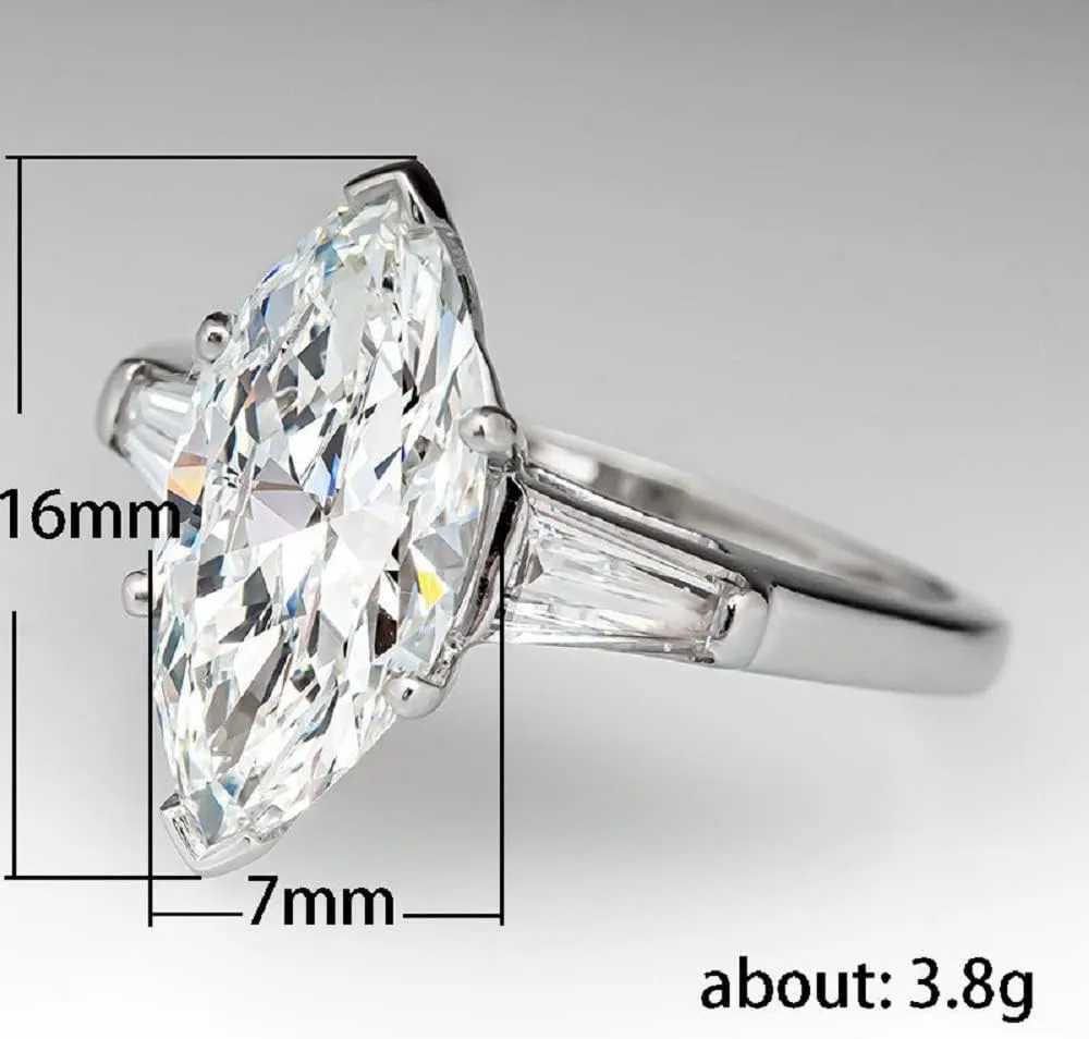 Classic Platinum Plated Marquise Cut and Baguette CZ Cubic Zirconia Engagement Ring 3-Stone Wedding Promise Rings for Her (US Size 9)