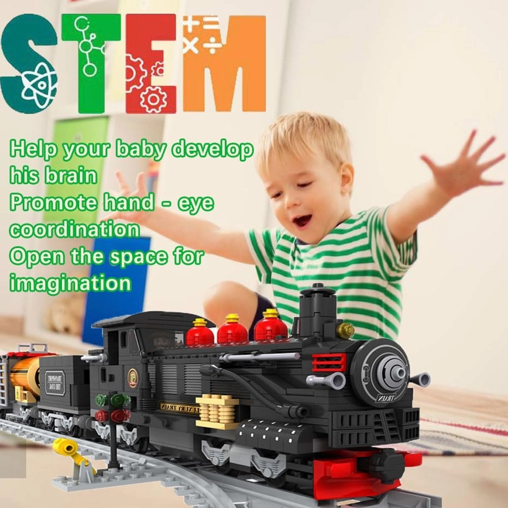Classic Train Building Block Set for Boys Girls 6-12, City Steam Model With Tracks, Vintage STEM Toy, 586 PCS