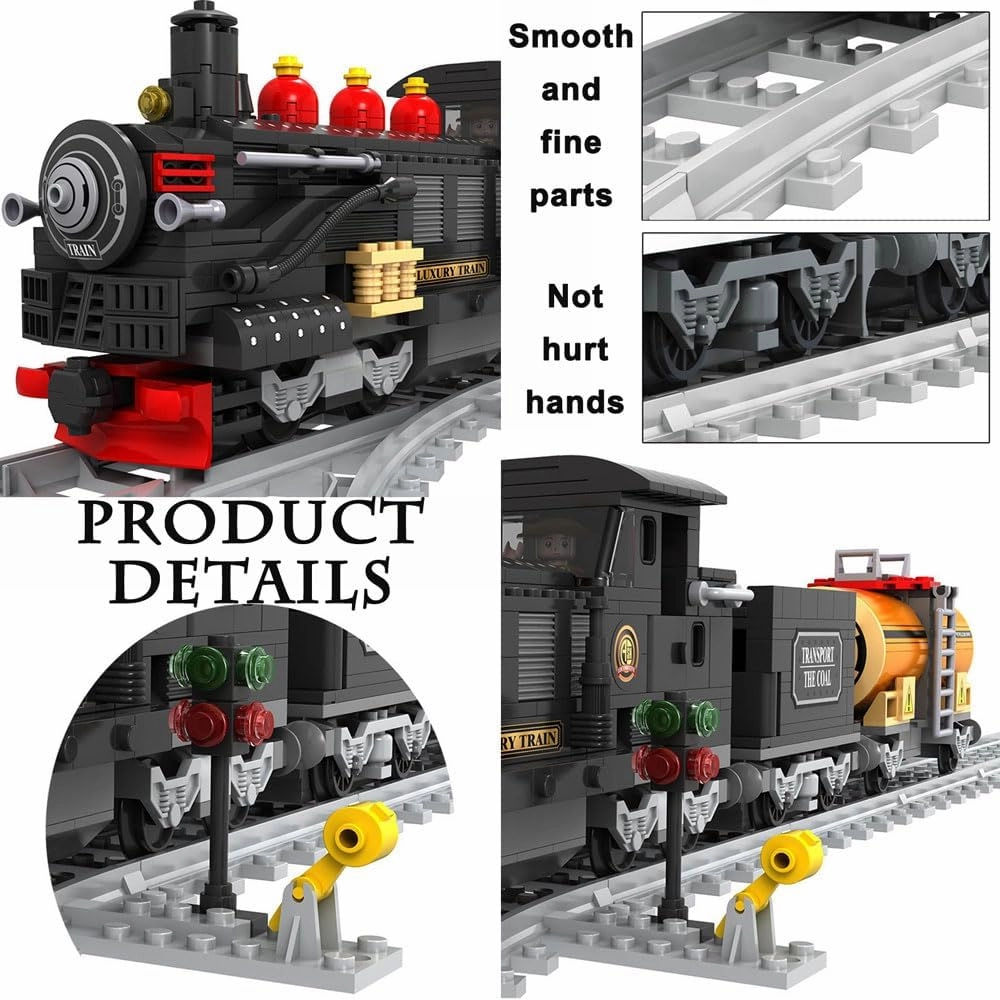 Classic Train Building Block Set for Boys Girls 6-12, City Steam Model With Tracks, Vintage STEM Toy, 586 PCS