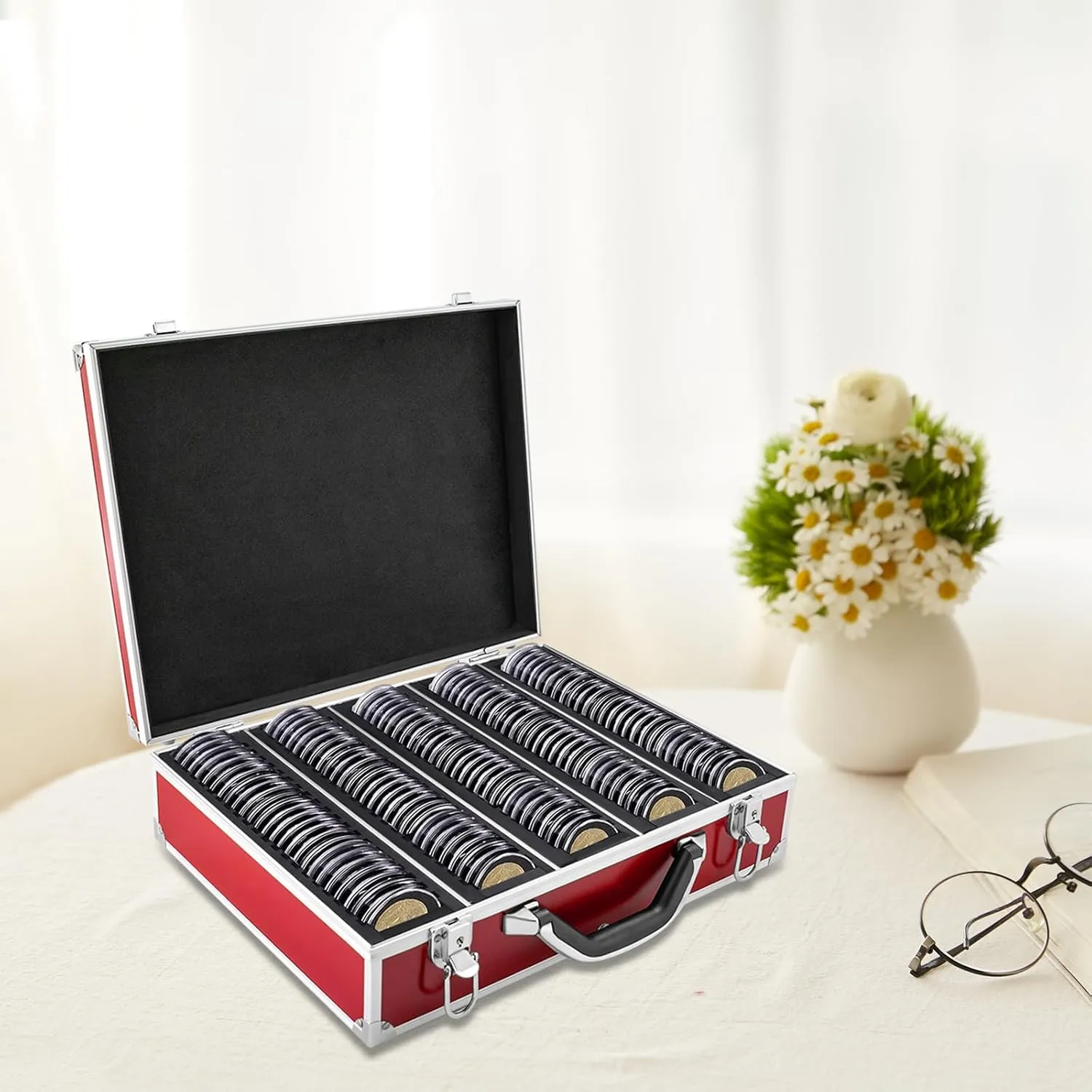 Coin Storage Box, 100 Graded Aluminum Coin Slab Case, PCGS, NGC Coin Holder Display Case, Trading Card Storage Box, Coin Collection Supplies (Red)