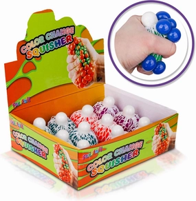 Color Change Squisher Stress Relief Toys 12 Pack, Color Changing Shifting Squishy Ball w Mesh Net Bulk Toys, Stress Reliever Fidget, Focus Aid Anxiety, ADHD, Autism, Sensory Stimulation Kids Adults