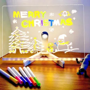 Colorful Acrylic Illuminated Dry Erase Board, Colorful LED Note Pad, Acrylic Message Board with Adjustable Stand and 7 Pens (5.9 × 5.9Inch)