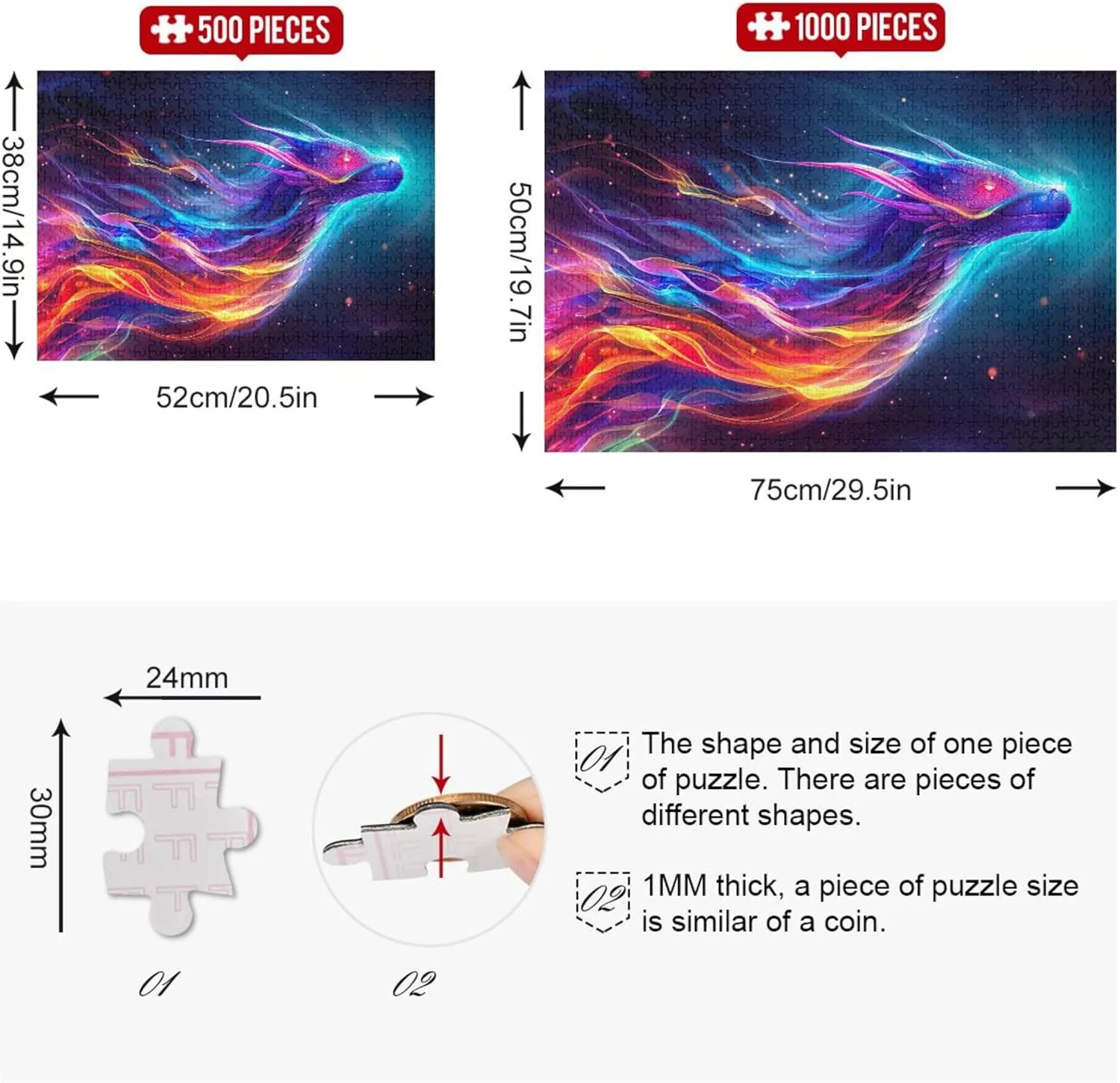 Colorful Neon Cosmic Horse 500 Pieces Jigsaw Puzzles for Adults Flower Animal Print Custom Unique Puzzle for Adults Friends Family Game Gifts, 20.5x14.9 Inch