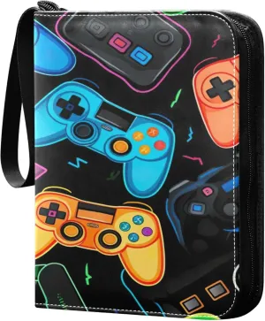 Colorful Video Game Controllers Card Binder 4 Pocket Collectible Trading Card Albums with 50 Sleeves Double Side PU Waterproof 3 Ring for Sports & Game Cards