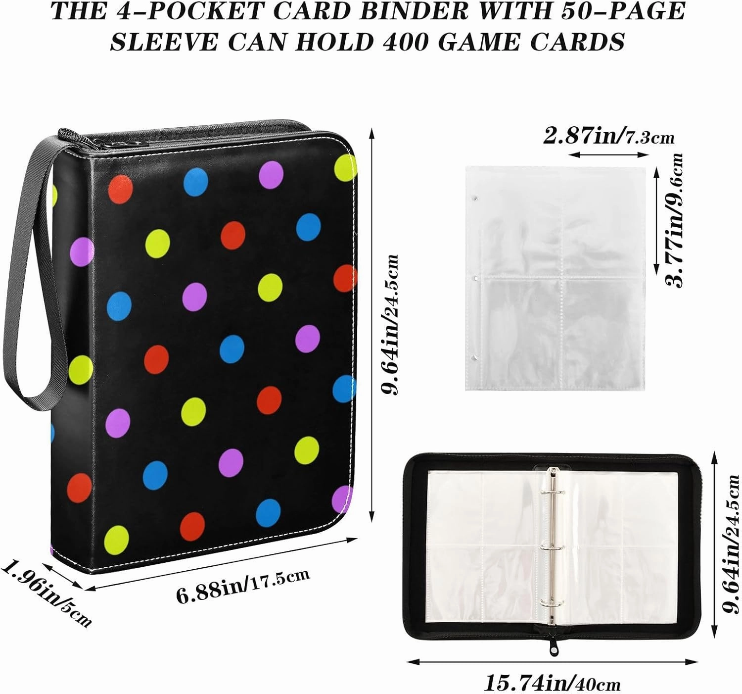 Colorful Dots Trading Card Binder 4-Pocket Card Holder with 50 Removable Sleeves 3-Ring Card Albums Binder Holds Up to 400 Cards Card Case Folders for Sports Cards TCG MTG Game Cards