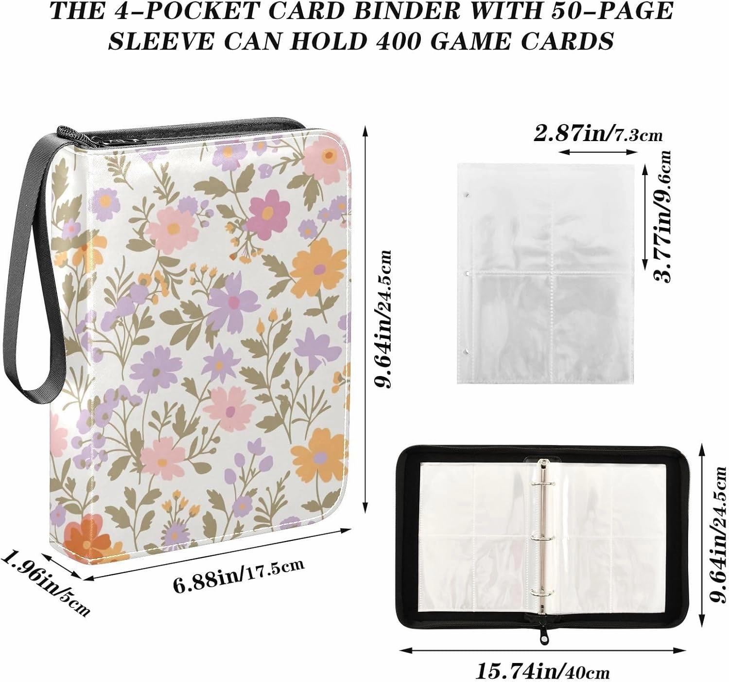 Colorful Floral Card Binders 4-Pocket Photocard Holder Fits 400 Cards for Baseball Card, Football Card