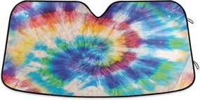 Colorful Tie Dye Swirl Circle Hippie Brush Stripe Watercolor Spiral Dyed Car Windshield Sun Shade Block UV Rays Sun Visor Protector Accordion Folding Sunshade Keep Vehicle Cool and Damage Free