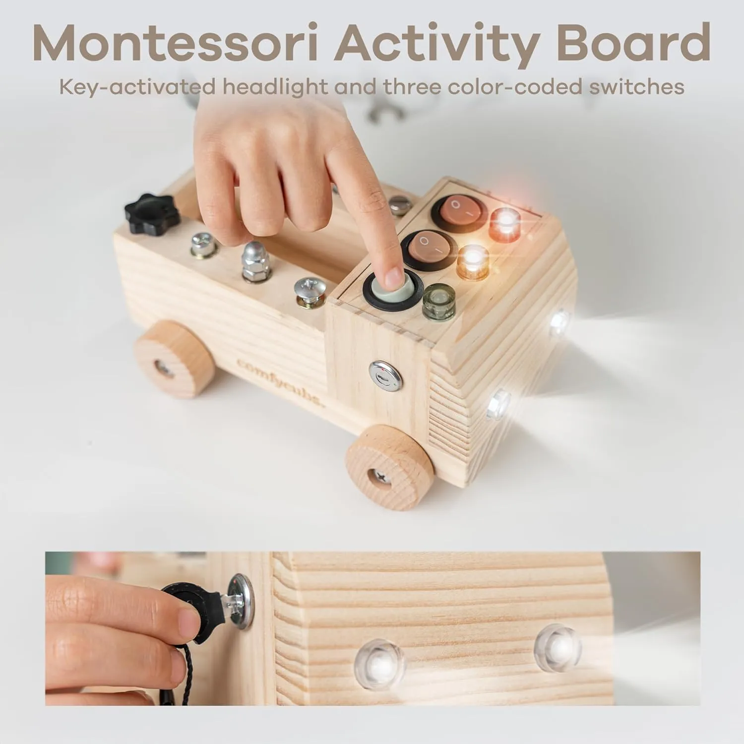 Comfy Cubs Busy Board Toy Truck Set - Fun & Noise-Free, Pine Wood Activity Board for Toddlers with LED Light Switch - Designed in The US, Focused & Engaging Montessori Play for Kids 3  (Natural Wood)
