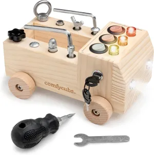 Comfy Cubs Busy Board Toy Truck Set - Fun & Noise-Free, Pine Wood Activity Board for Toddlers with LED Light Switch - Designed in The US, Focused & Engaging Montessori Play for Kids 3  (Natural Wood)