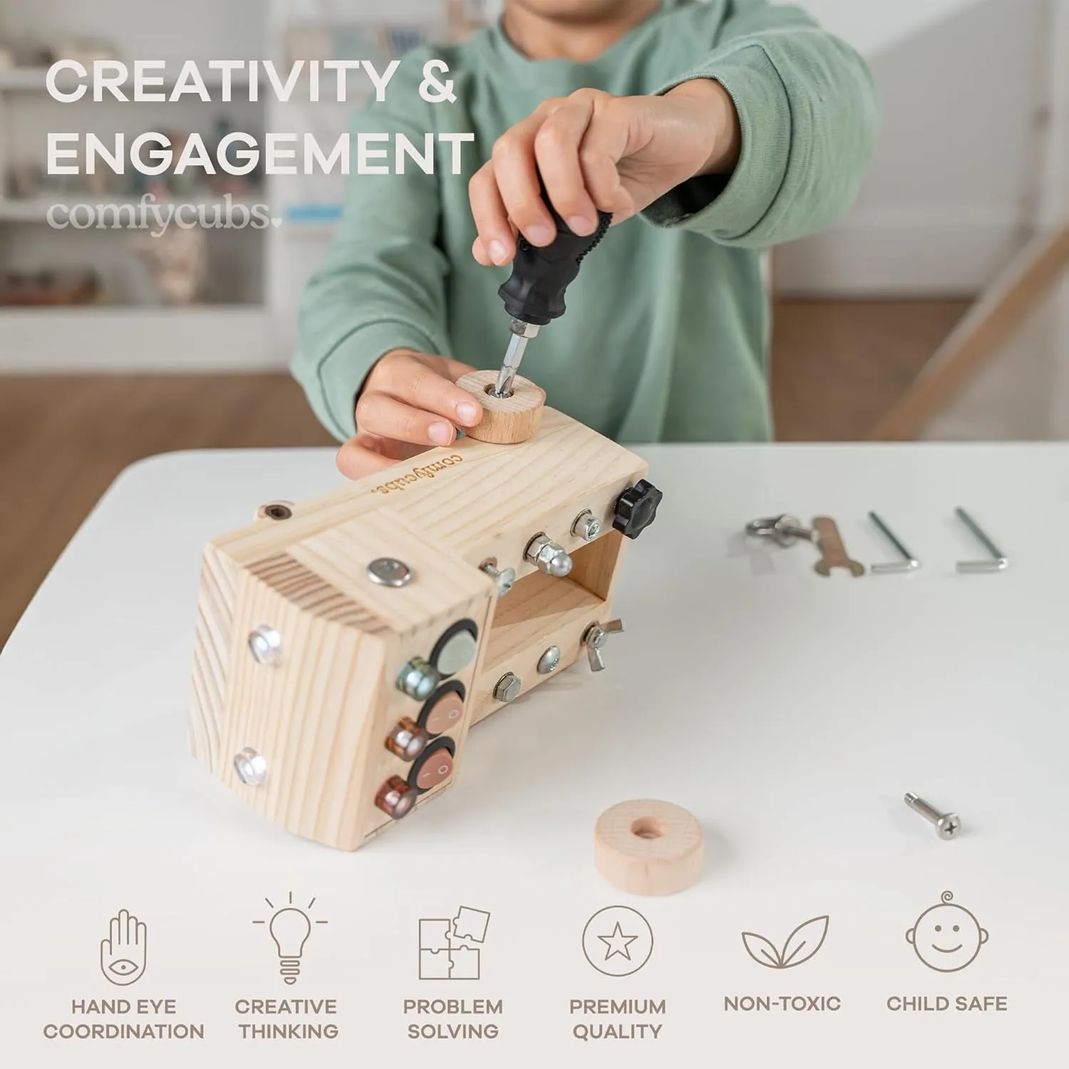 Comfy Cubs Busy Board Toy Truck Set - Fun & Noise-Free, Pine Wood Activity Board for Toddlers with LED Light Switch - Designed in The US, Focused & Engaging Montessori Play for Kids 3  (Natural Wood)