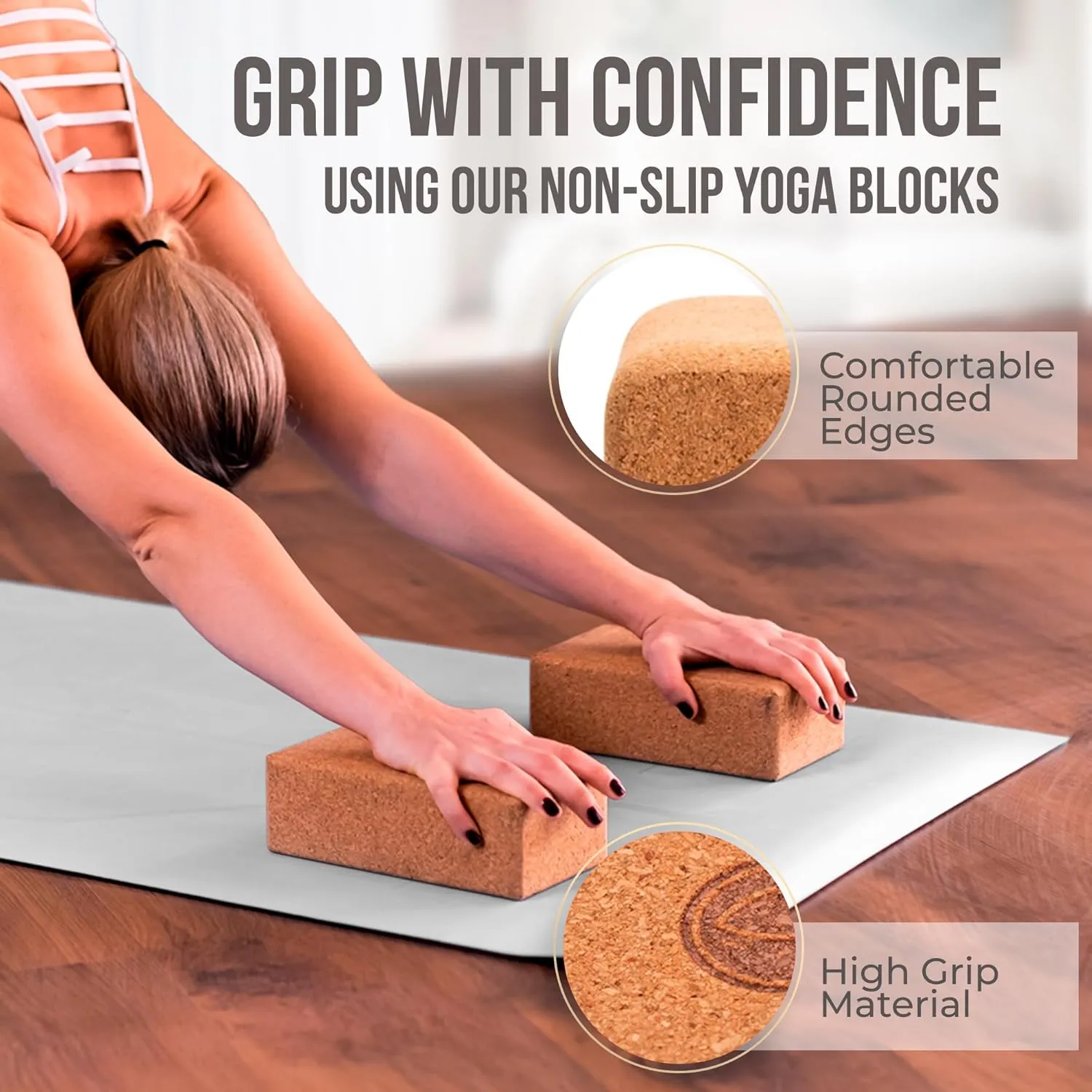 Cork Yoga Blocks 2 Pack with Strap- 9x6x3 Inch Natural Yoga Block Set of 2- Pilates Props and Accessories - High Density Cork Bricks For Exercise