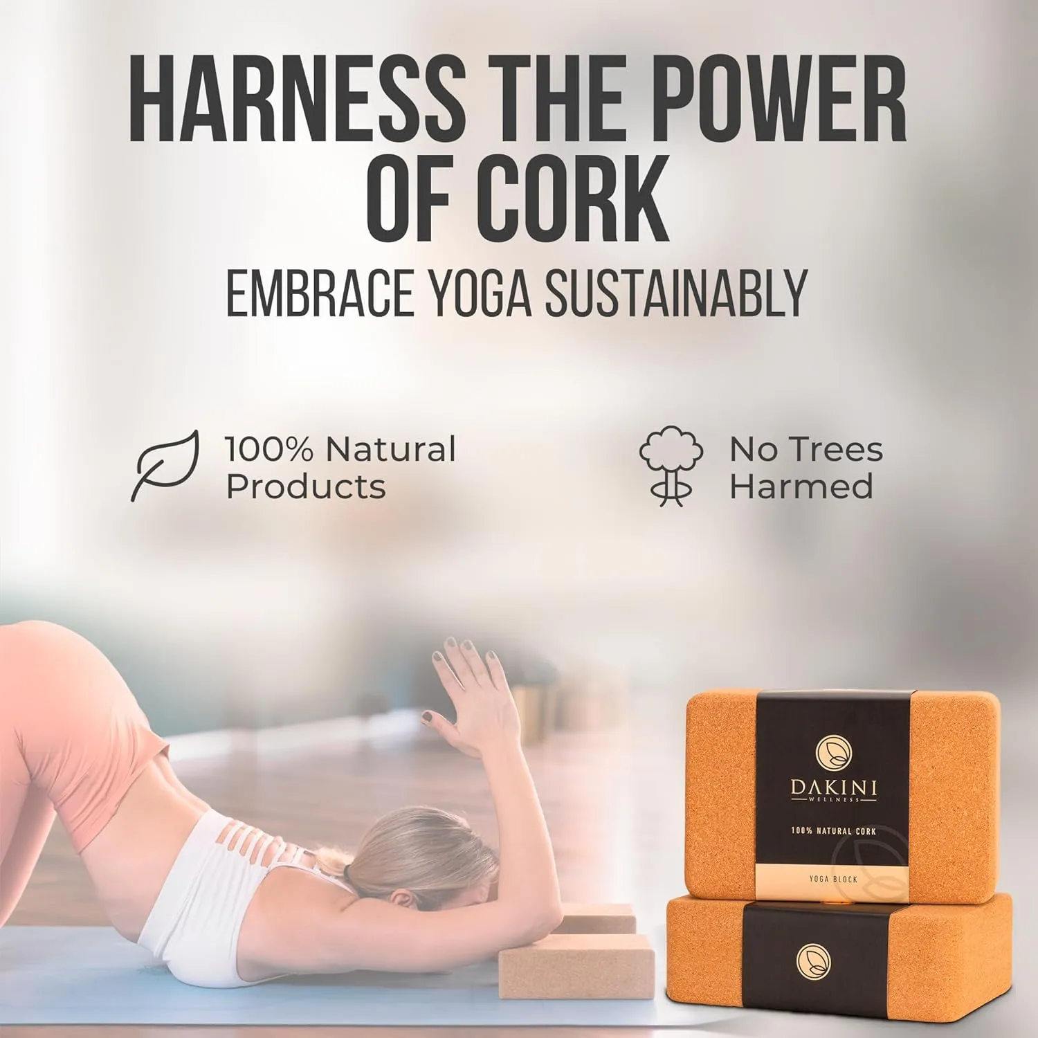 Cork Yoga Blocks 2 Pack with Strap- 9x6x3 Inch Natural Yoga Block Set of 2- Pilates Props and Accessories - High Density Cork Bricks For Exercise