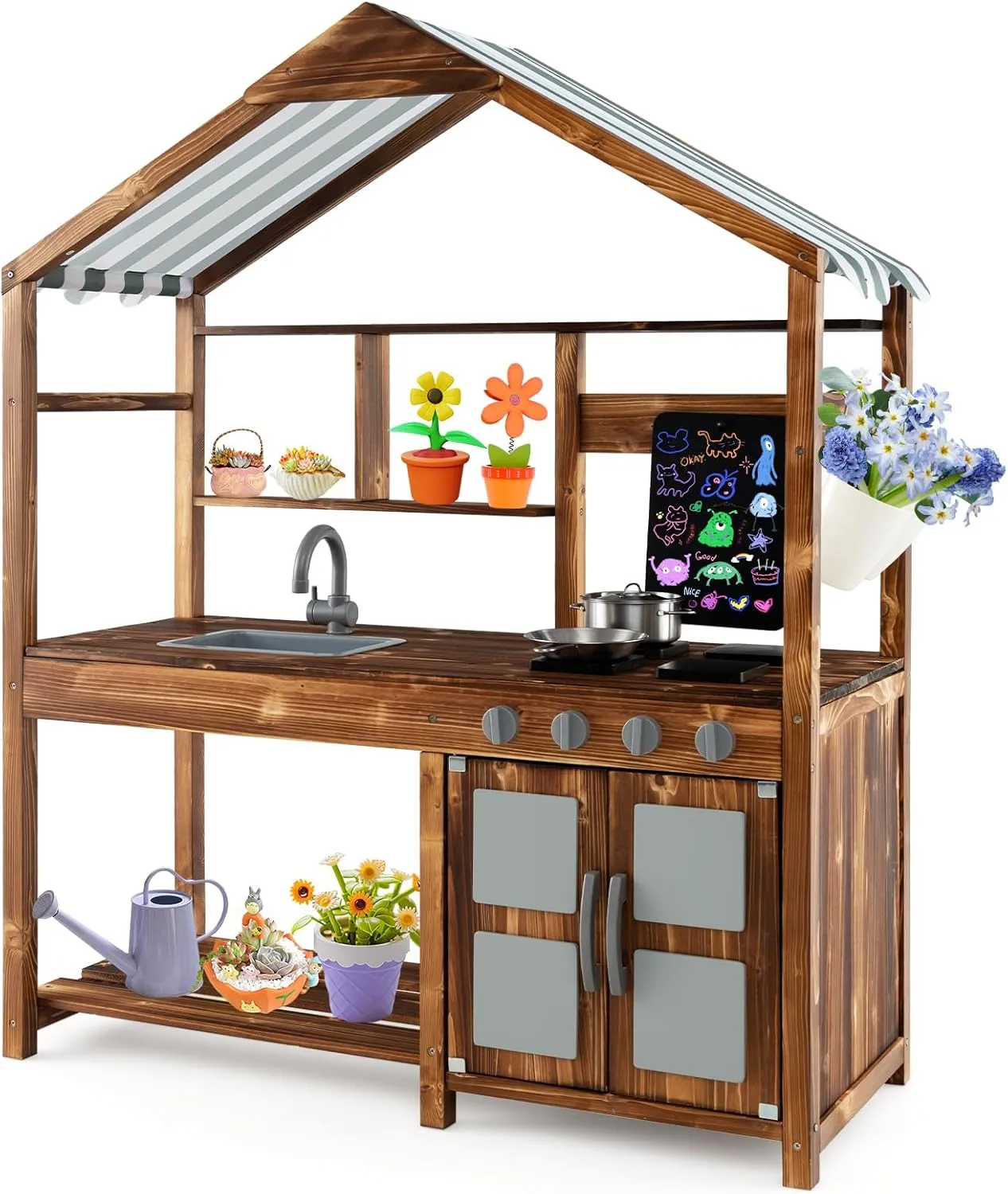 Costzon Mud Kitchen, Outdoor Play Kitchen with Canopy, Chalkboard, Stoves, Removable Sink, Cooking Accessories and Storage, Wooden Kids Kitchen Playset, Mud Kitchen for Kids Outdoor