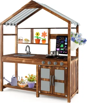 Costzon Mud Kitchen, Outdoor Play Kitchen with Canopy, Chalkboard, Stoves, Removable Sink, Cooking Accessories and Storage, Wooden Kids Kitchen Playset, Mud Kitchen for Kids Outdoor