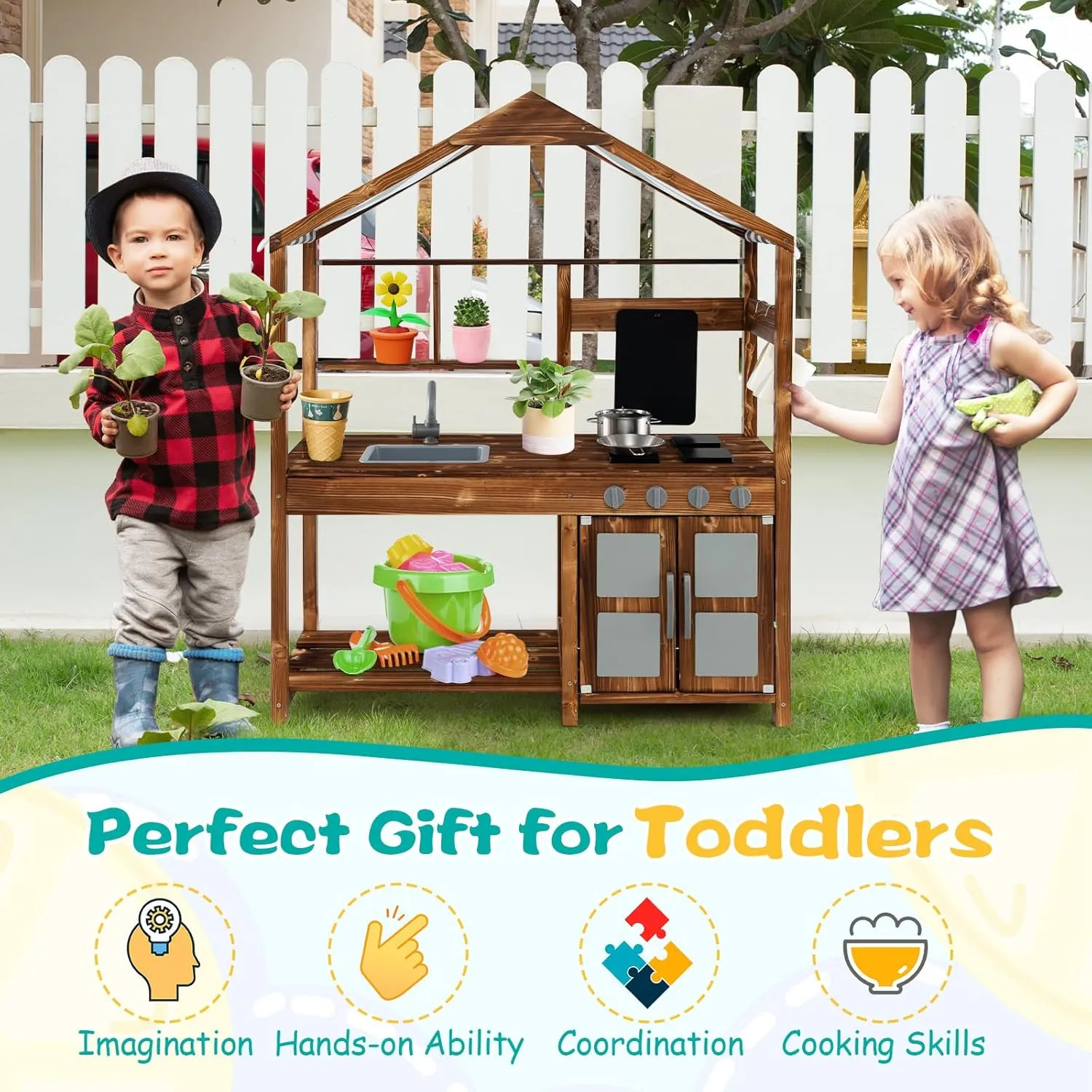 Costzon Mud Kitchen, Outdoor Play Kitchen with Canopy, Chalkboard, Stoves, Removable Sink, Cooking Accessories and Storage, Wooden Kids Kitchen Playset, Mud Kitchen for Kids Outdoor
