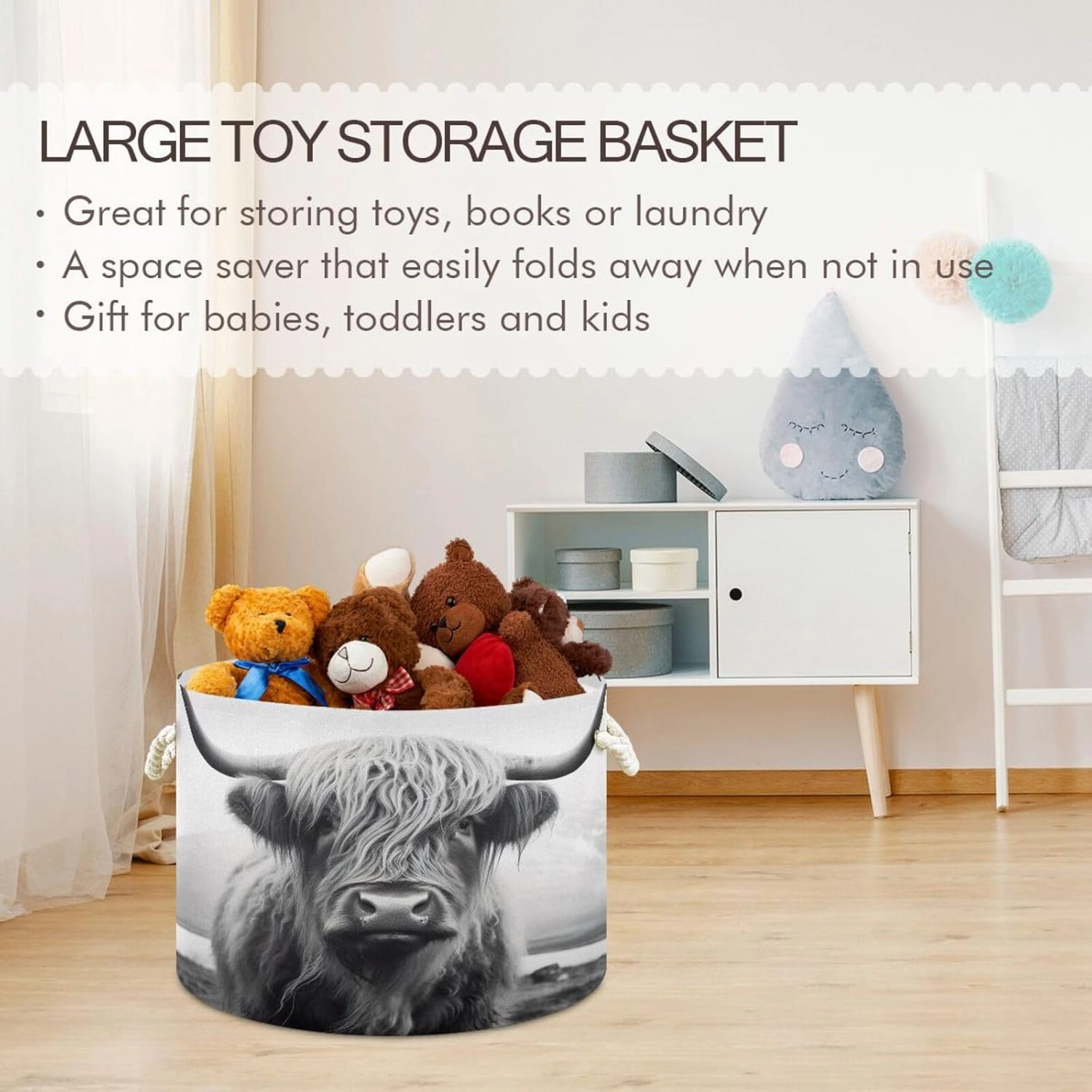 Cotton Rope Basket Highland Cow Baby Laundry Basket for Blankets Toys Storage Basket