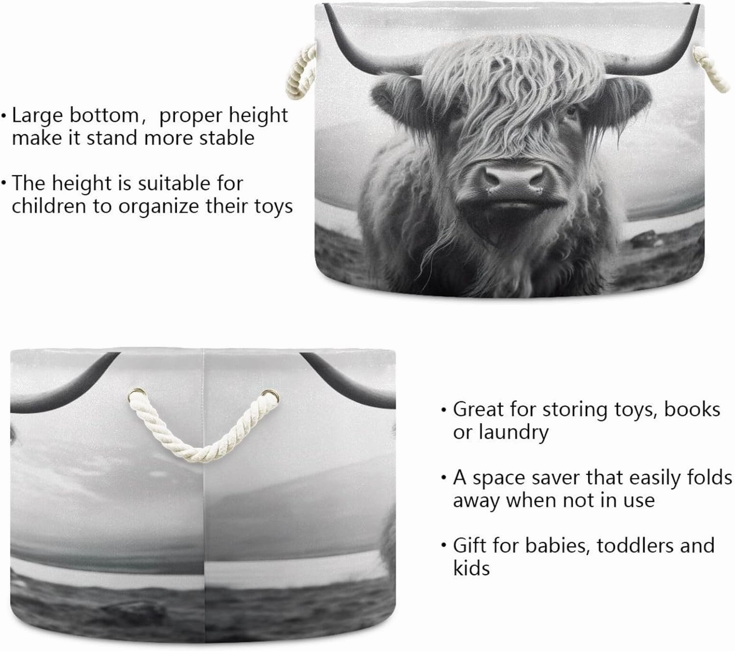 Cotton Rope Basket Highland Cow Baby Laundry Basket for Blankets Toys Storage Basket