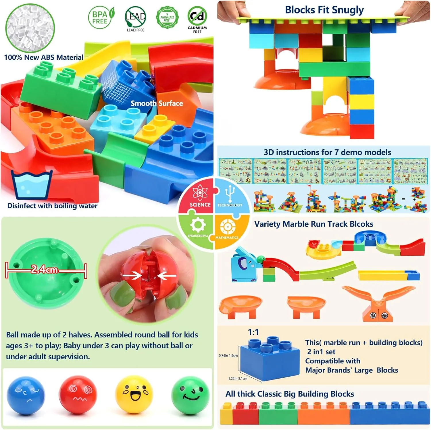 COUOMOXA Marble Run Building Blocks: STEM Ball Track Game Set - Compatible Classic Large Blocks for Toddlers for Boys and Girls Age 2 3 4 5 6 7 8 Years