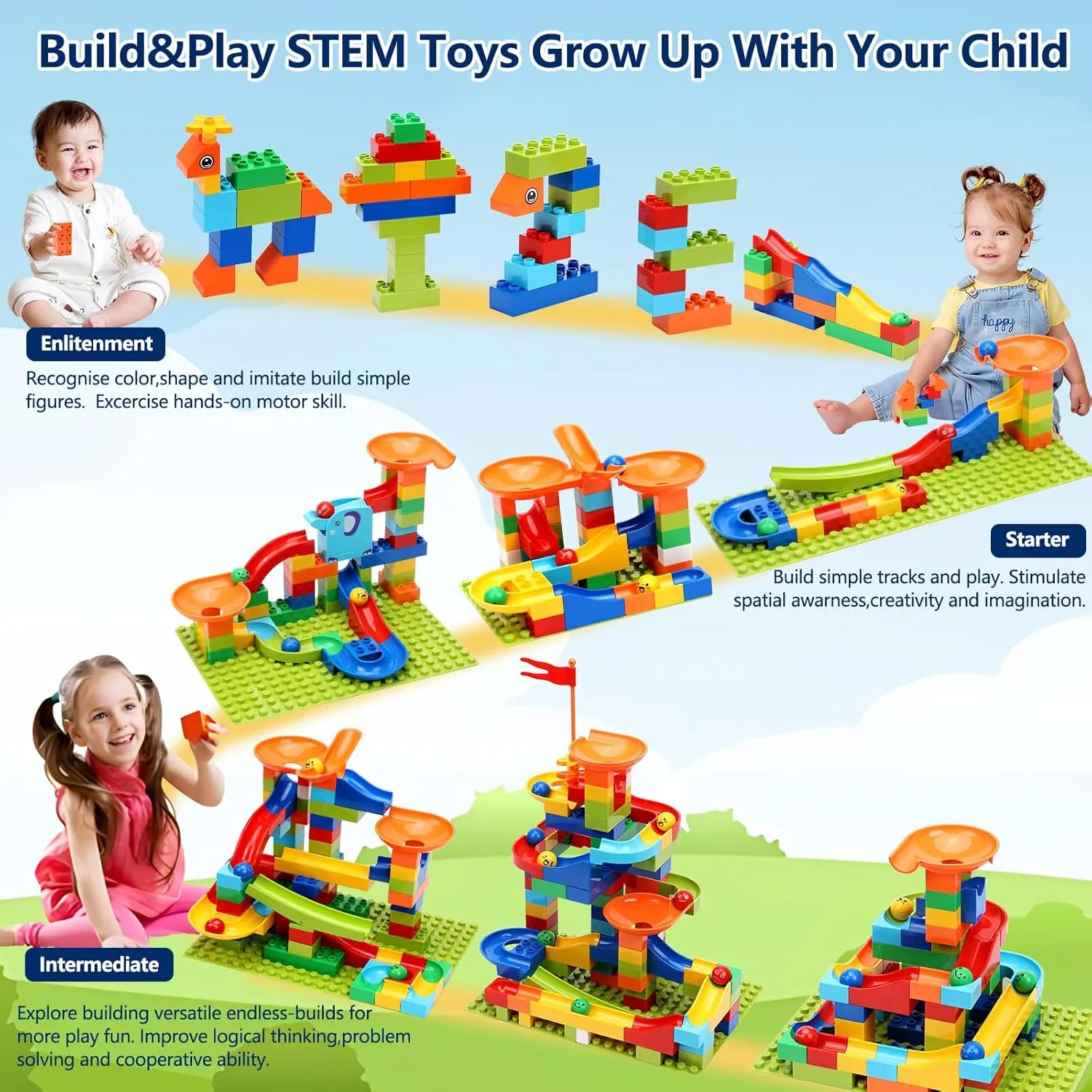 COUOMOXA Marble Run Building Blocks: STEM Ball Track Game Set - Compatible Classic Large Blocks for Toddlers for Boys and Girls Age 2 3 4 5 6 7 8 Years
