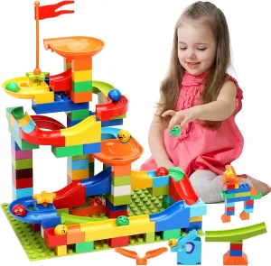 COUOMOXA Marble Run Building Blocks: STEM Ball Track Game Set - Compatible Classic Large Blocks for Toddlers for Boys and Girls Age 2 3 4 5 6 7 8 Years