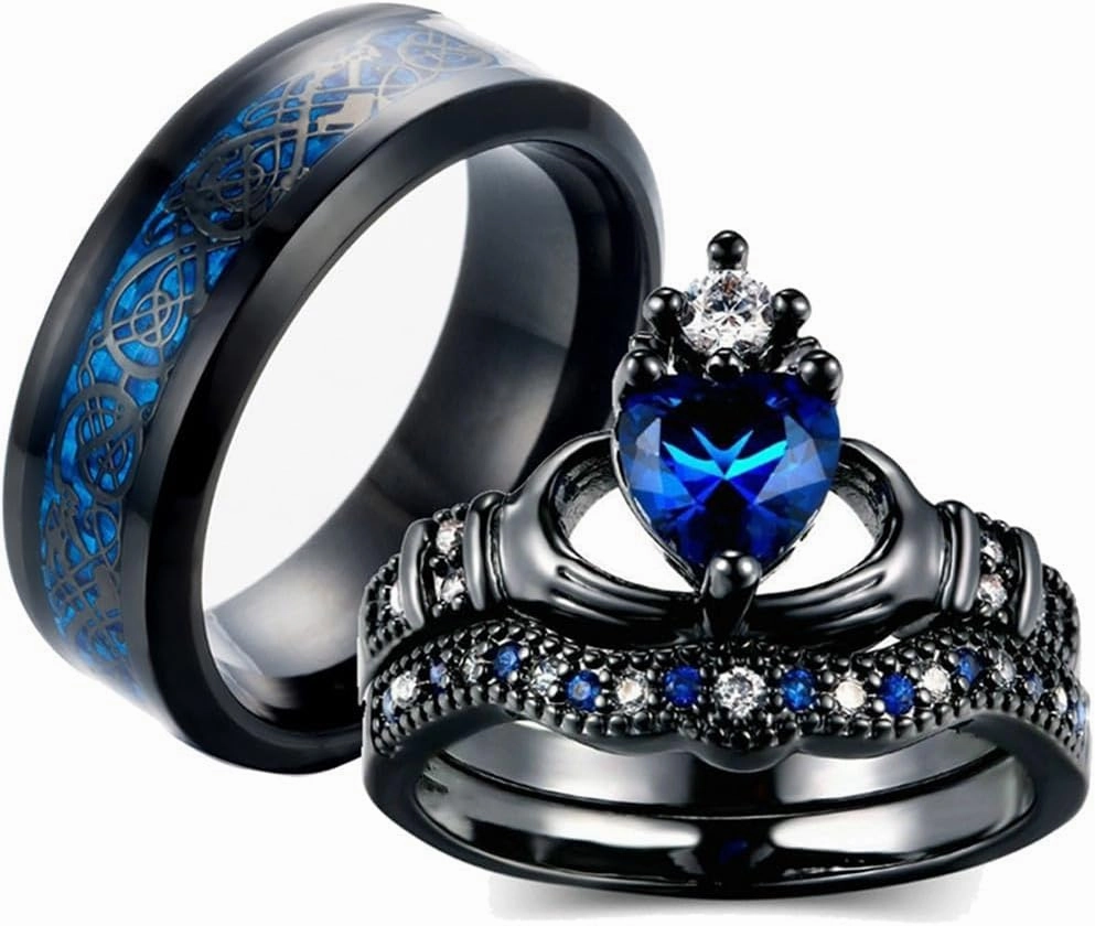 Couple Rings Bridal Sets His and Hers 925 Sterling Silver 10K 14K 18K Solid Gold Black Gold Plated Claddagh Blue Sapphire CZ Engagement Band Womens and Mens Ring