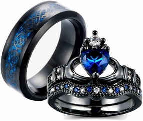 Couple Rings Bridal Sets His and Hers 925 Sterling Silver 10K 14K 18K Solid Gold Black Gold Plated Claddagh Blue Sapphire CZ Engagement Band Womens and Mens Ring