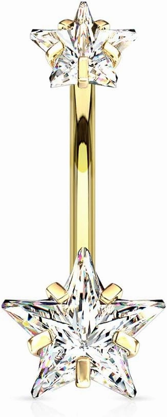 Covet Jewelry Double Star CZ Belly Button Navel Ring - Hypoallergenic Surgical Steel with Prong Gems and Internal Threading