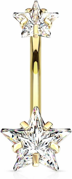 Covet Jewelry Double Star CZ Belly Button Navel Ring - Hypoallergenic Surgical Steel with Prong Gems and Internal Threading