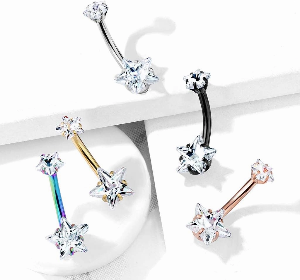 Covet Jewelry Double Star CZ Belly Button Navel Ring - Hypoallergenic Surgical Steel with Prong Gems and Internal Threading