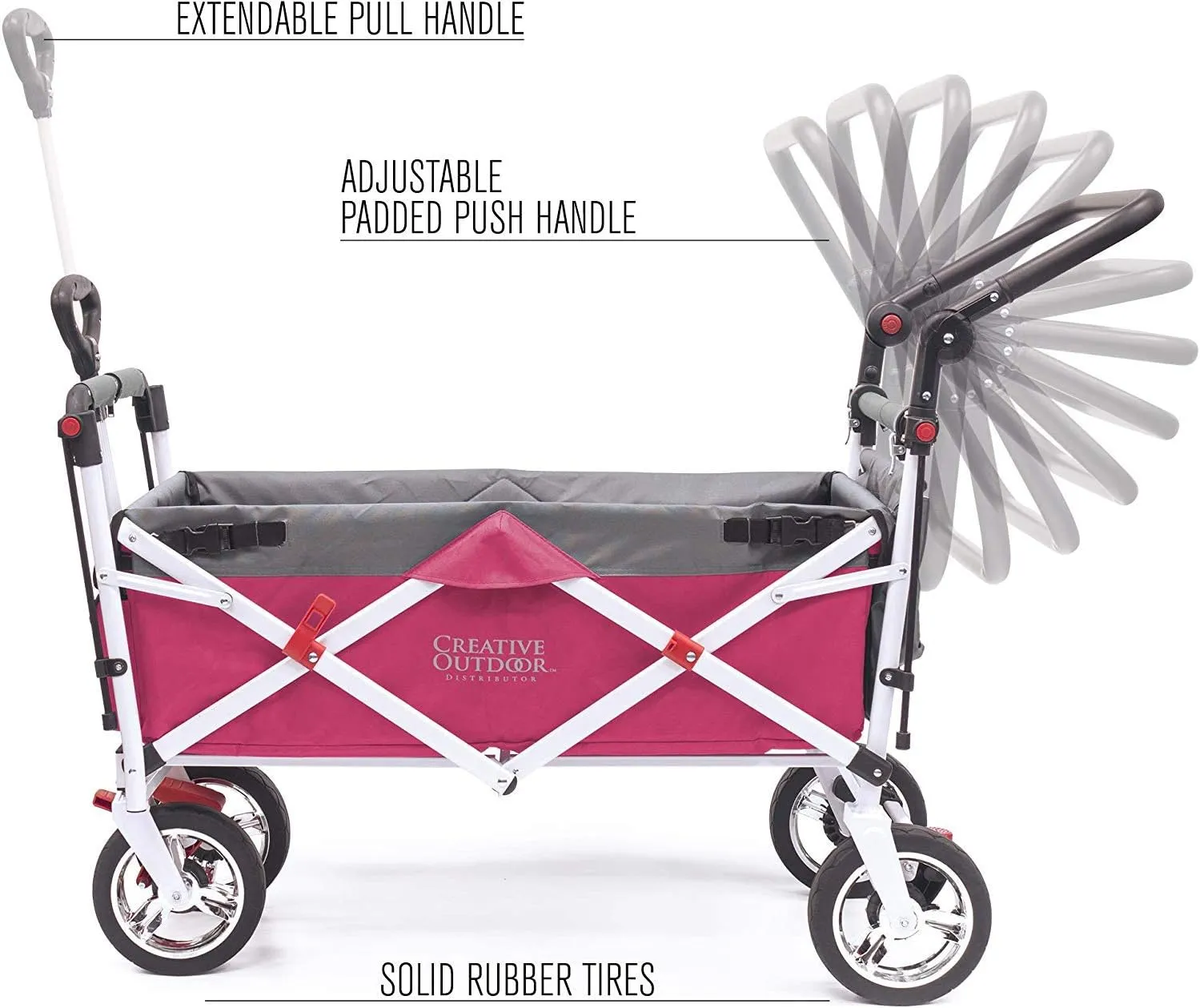 Creative Outdoor Wagon, Push and Pull Double Stroller for Toddlers & Kids with Removable Canopy and Seat Belt Harnesses, Collapsible Folding Garden Cart, Adjustable Handle, Beach Wagon (Pink)