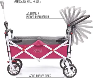 Creative Outdoor Wagon, Push and Pull Double Stroller for Toddlers & Kids with Removable Canopy and Seat Belt Harnesses, Collapsible Folding Garden Cart, Adjustable Handle, Beach Wagon (Pink)