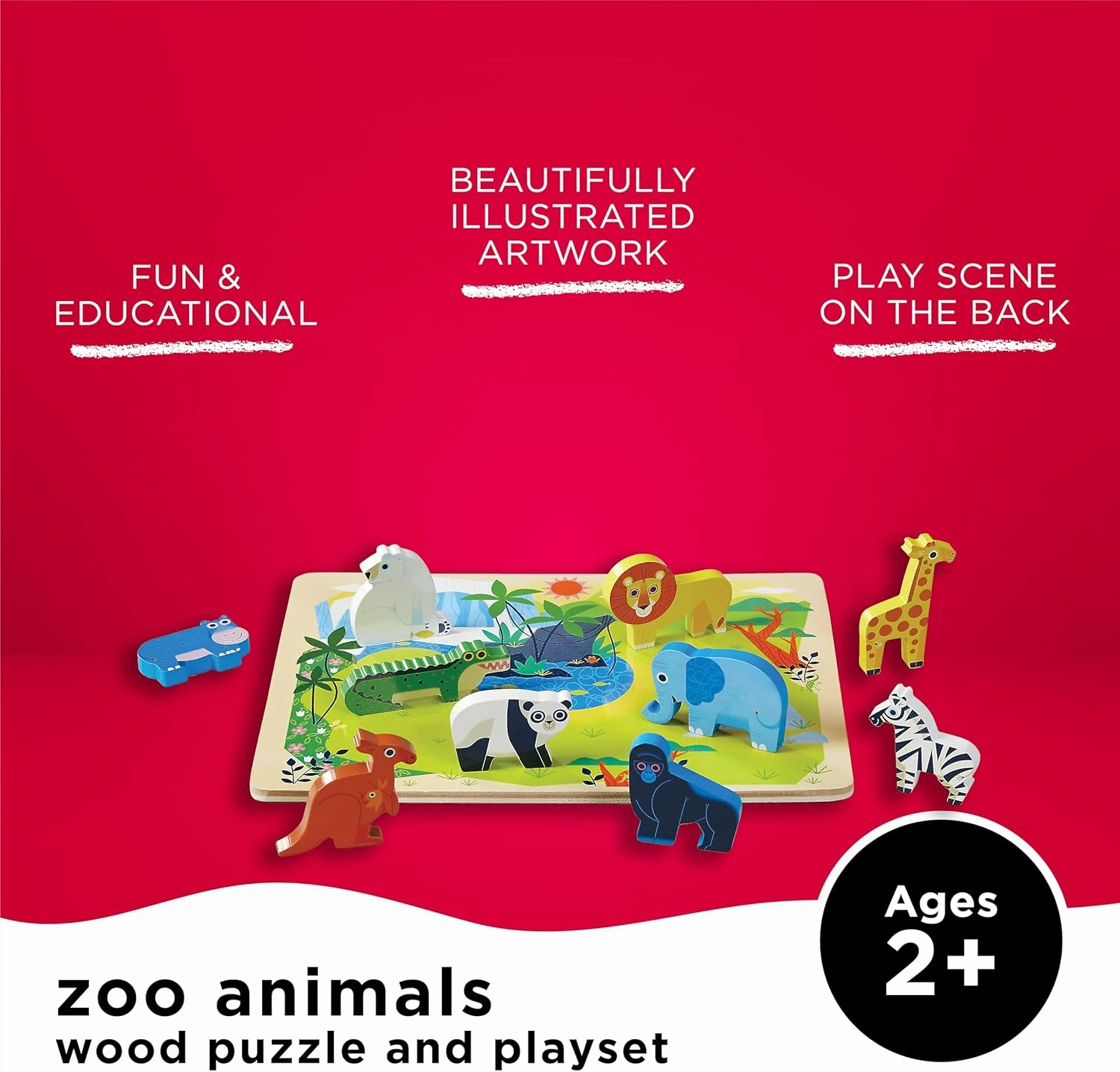 Crocodile Creek Wood Puzzle and Playset, 16 Chunky Wooden Pieces Stand-Up with Play Scene on The Back, for Ages 2 , Zoo Animals