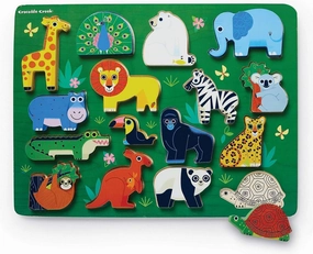 Crocodile Creek Wood Puzzle and Playset, 16 Chunky Wooden Pieces Stand-Up with Play Scene on The Back, for Ages 2 , Zoo Animals