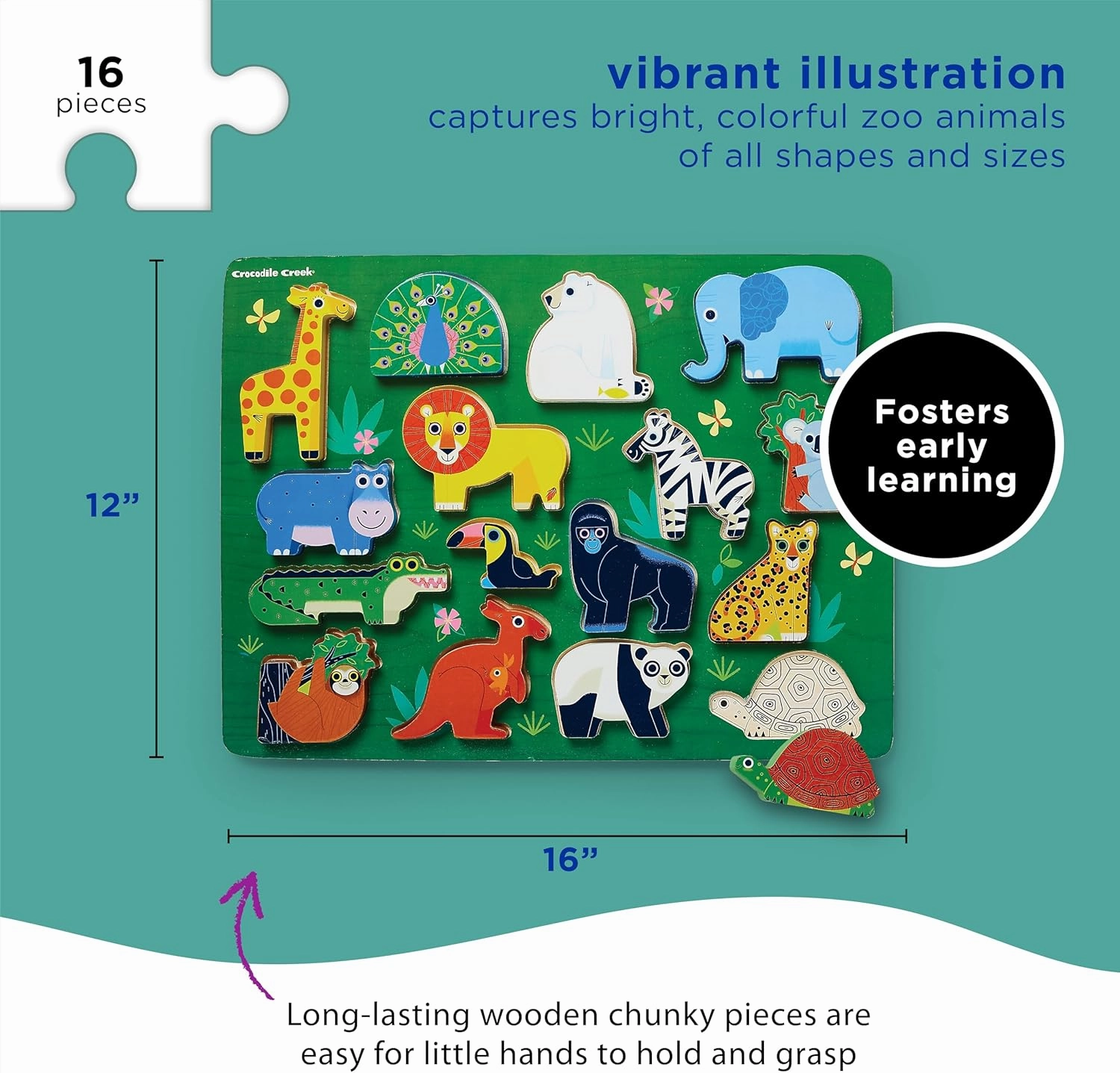 Crocodile Creek Wood Puzzle and Playset, 16 Chunky Wooden Pieces Stand-Up with Play Scene on The Back, for Ages 2 , Zoo Animals
