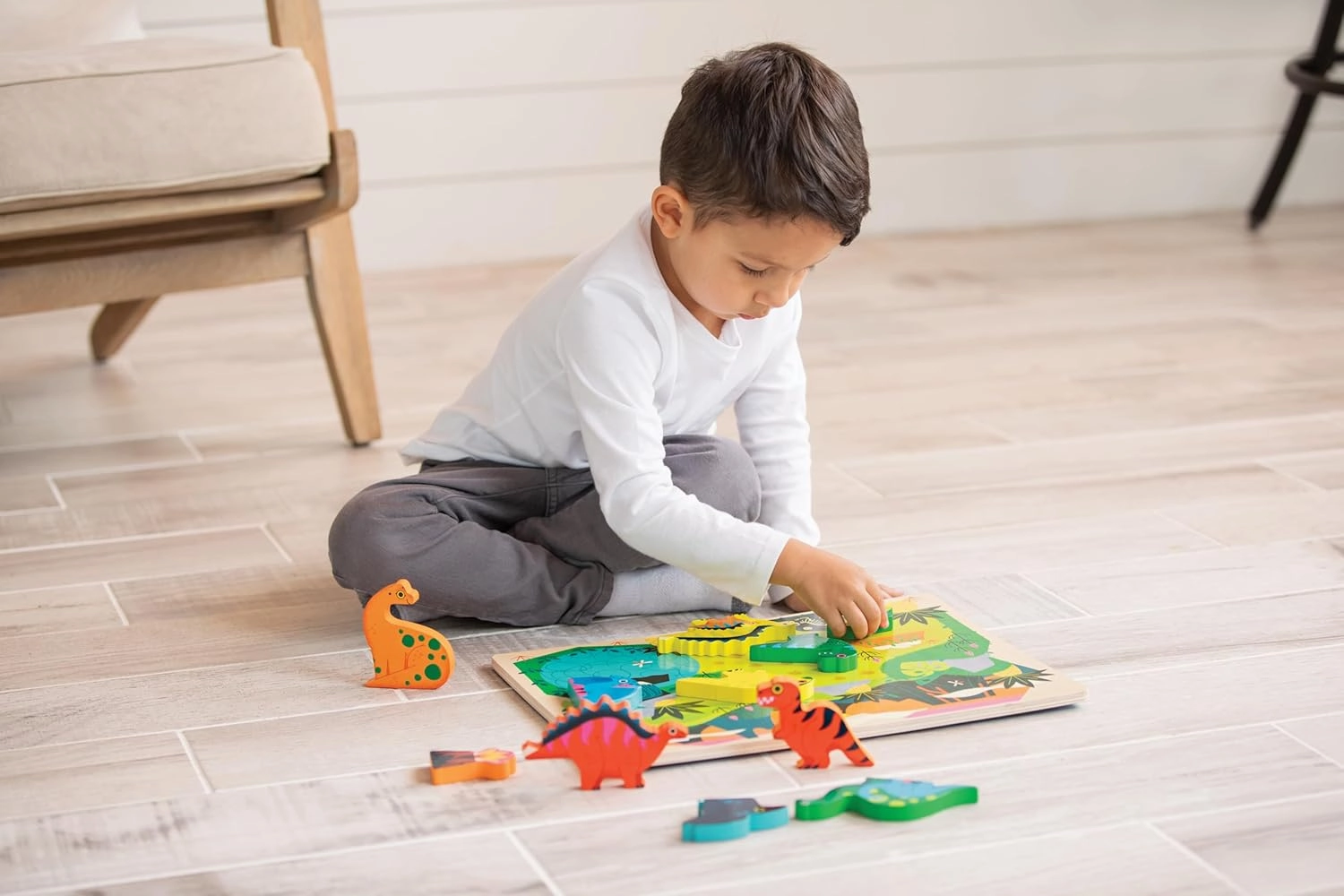 Crocodile Creek Wood Puzzle and Playset, 16 Chunky Wooden Pieces Stand-Up with Play Scene on The Back, for Ages 2 , Zoo Animals