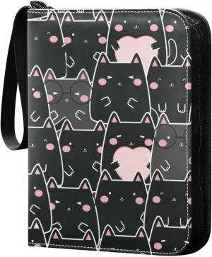 Cute Black Cats Card Binder 4 Pocket Zipper PU Trading Card Album Fits 400 Game Cards 50 Removable Sleeves Card Folder Collection for Baseball MTG TCG Sports Cards