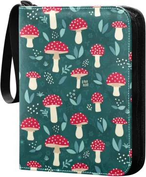 Cute Mushrooms with Leaves Card Binder 4 Pocket Zipper PU Trading Card Album Fits 400 Game Cards 50 Removable Sleeves Card Folder Collection for Baseball MTG TCG Sports Cards