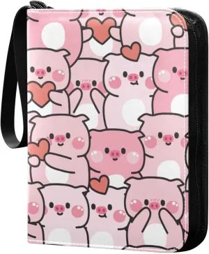 Cute Pig Pink Heart Card Binder 4 Pocket Zipper PU Trading Card Album Fits 400 Game Cards 50 Removable Sleeves Card Folder Collection for Baseball MTG TCG Sports Cards