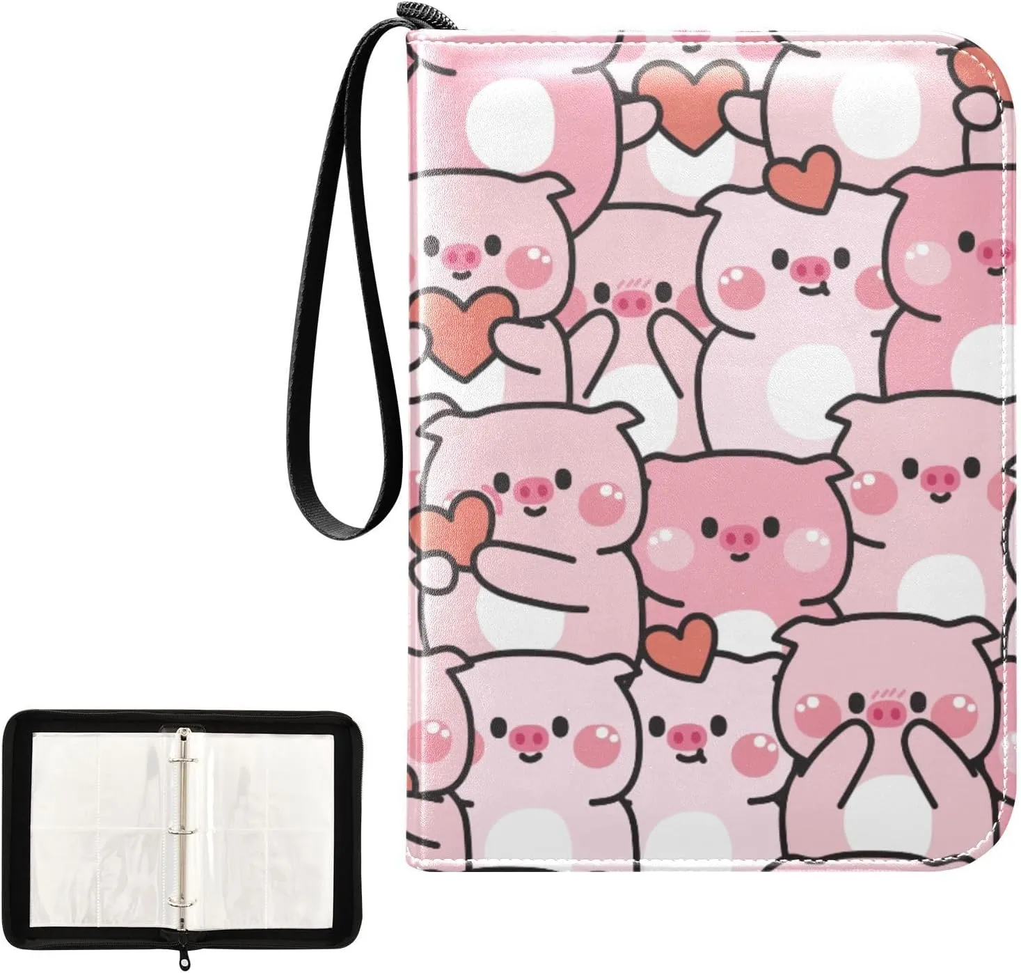Cute Pig Pink Heart Card Binder 4 Pocket Zipper PU Trading Card Album Fits 400 Game Cards 50 Removable Sleeves Card Folder Collection for Baseball MTG TCG Sports Cards