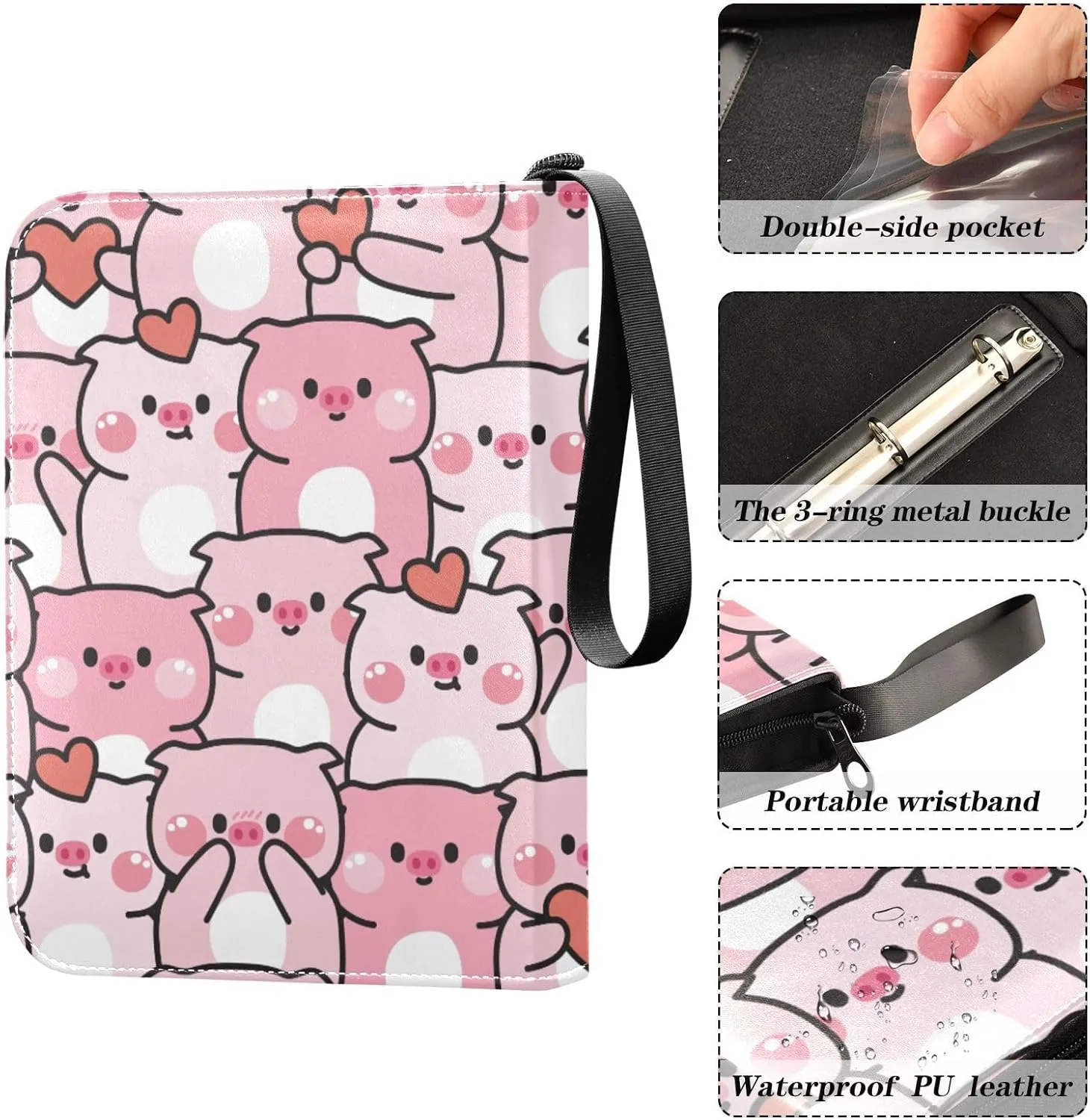 Cute Pig Pink Heart Card Binder 4 Pocket Zipper PU Trading Card Album Fits 400 Game Cards 50 Removable Sleeves Card Folder Collection for Baseball MTG TCG Sports Cards