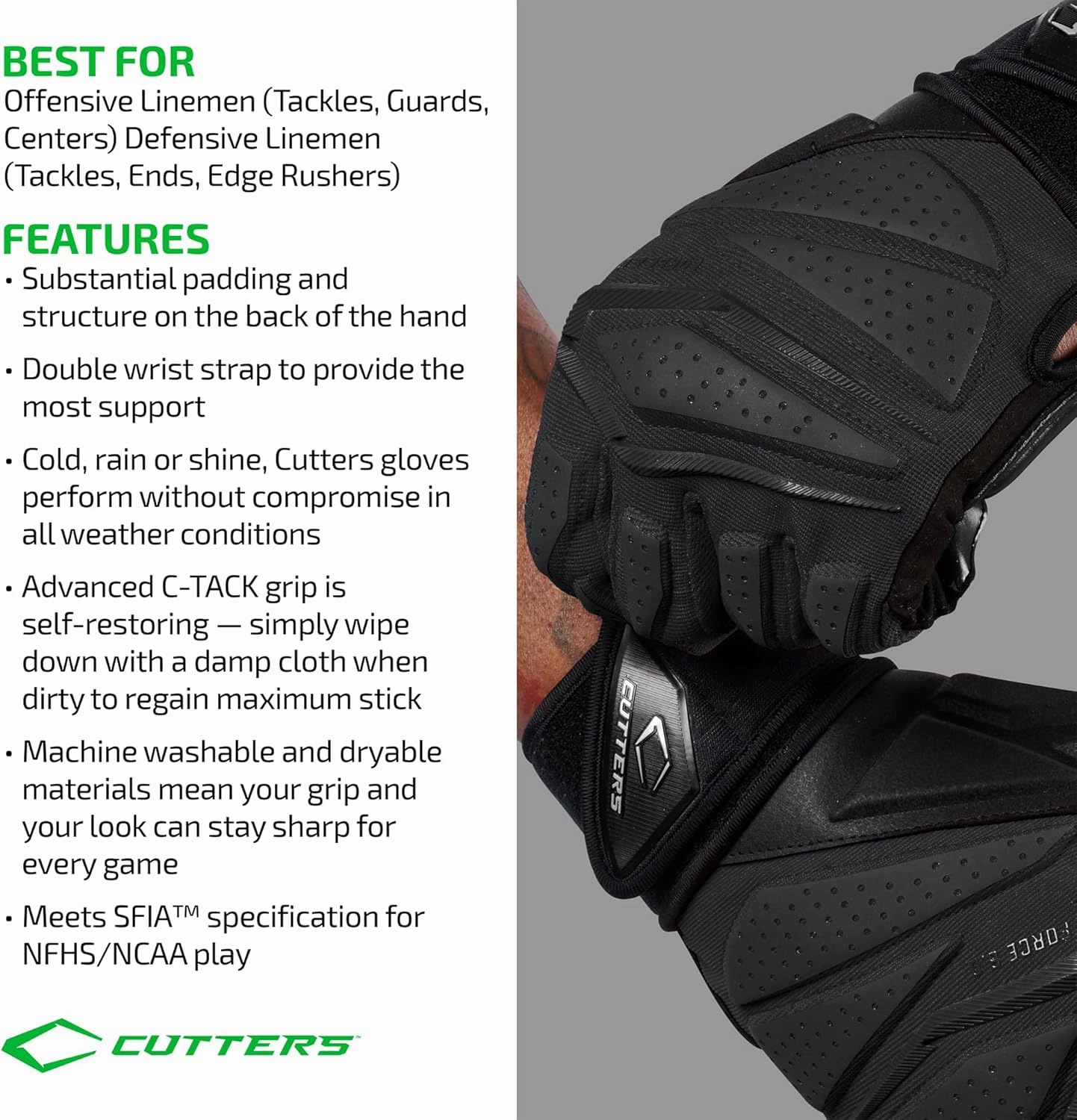 CUTTERS Force 6.0 Padded Football Gloves for Lineman. Extra Grip. Adults