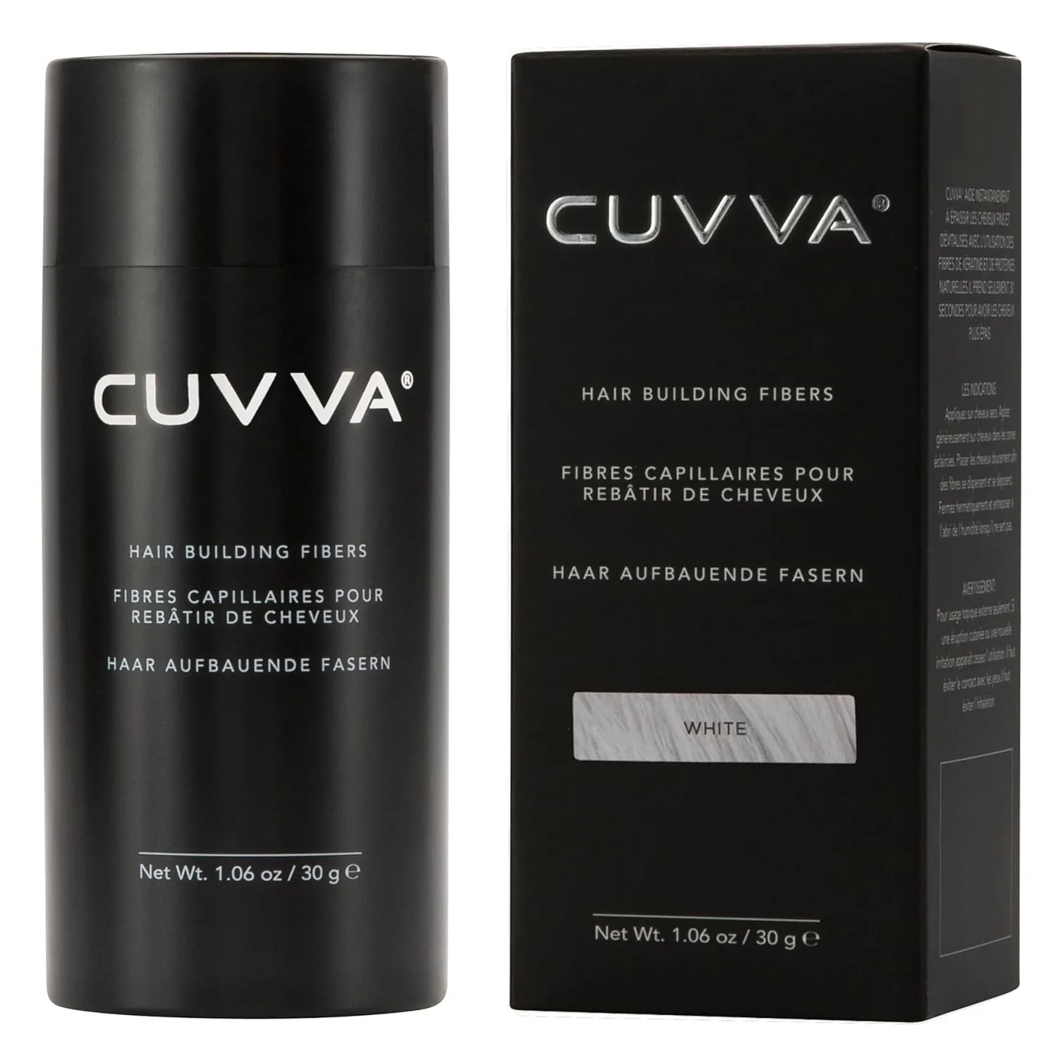 CUVVA Hair Building Fibers (30g) - Instantly Fill in Fine and Thinning Hair to Create a Thicker, Fuller Look - 13 Different Shades for Men & Women - White
