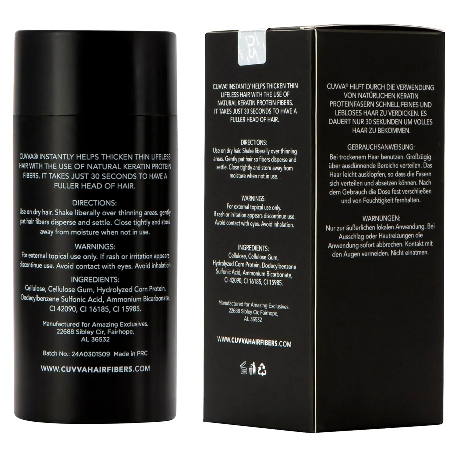 CUVVA Hair Building Fibers (30g) - Instantly Fill in Fine and Thinning Hair to Create a Thicker, Fuller Look - 13 Different Shades for Men & Women - White