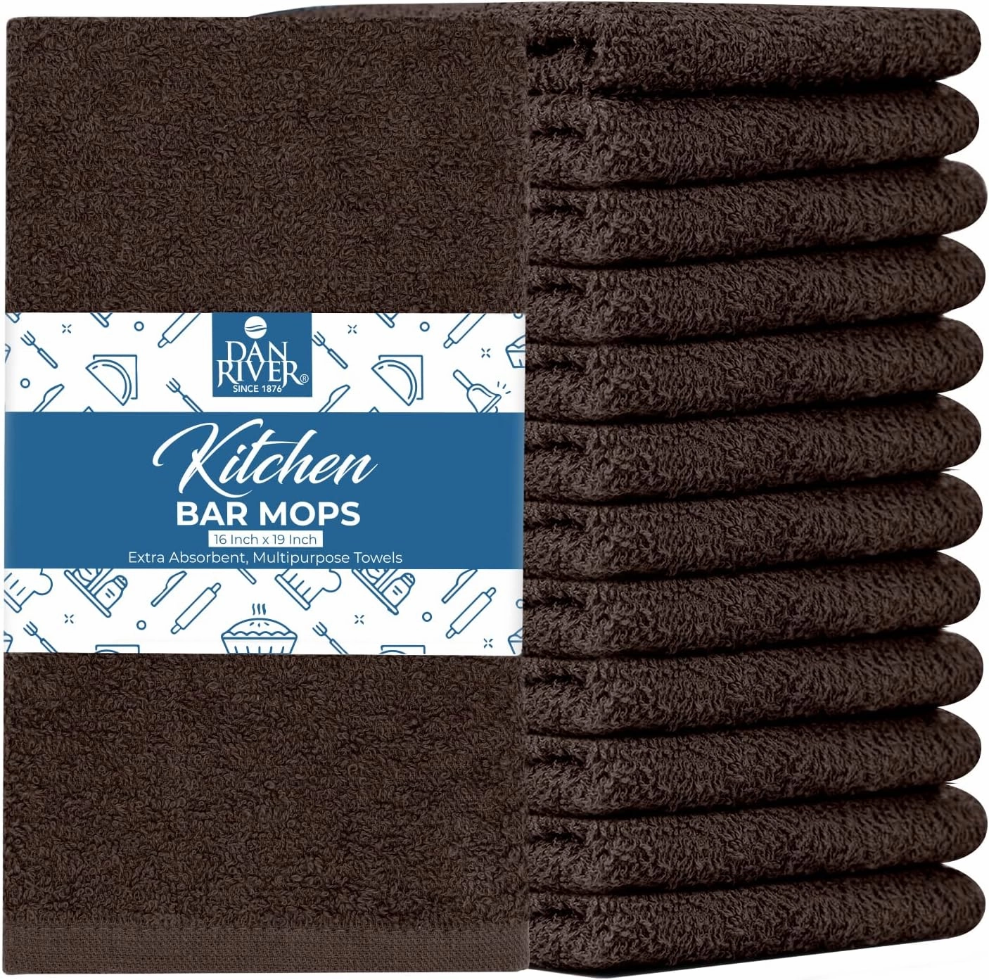 DAN RIVER 100% Cotton Bar Mop Kitchen Towels, 16x19 inches, Pack of 12, 350 GSM, Brown – Highly Absorbent Dish Towels, Quick-Dry, Reusable Mops for Kitchen, Home, Restaurants and Offices