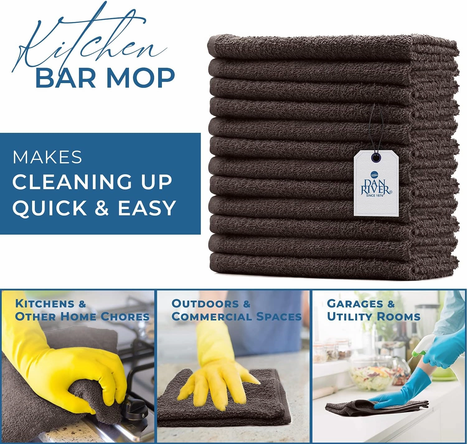 DAN RIVER 100% Cotton Bar Mop Kitchen Towels, 16x19 inches, Pack of 12, 350 GSM, Brown – Highly Absorbent Dish Towels, Quick-Dry, Reusable Mops for Kitchen, Home, Restaurants and Offices