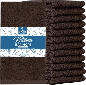 DAN RIVER 100% Cotton Bar Mop Kitchen Towels, 16x19 inches, Pack of 12, 350 GSM, Brown – Highly Absorbent Dish Towels, Quick-Dry, Reusable Mops for Kitchen, Home, Restaurants and Offices
