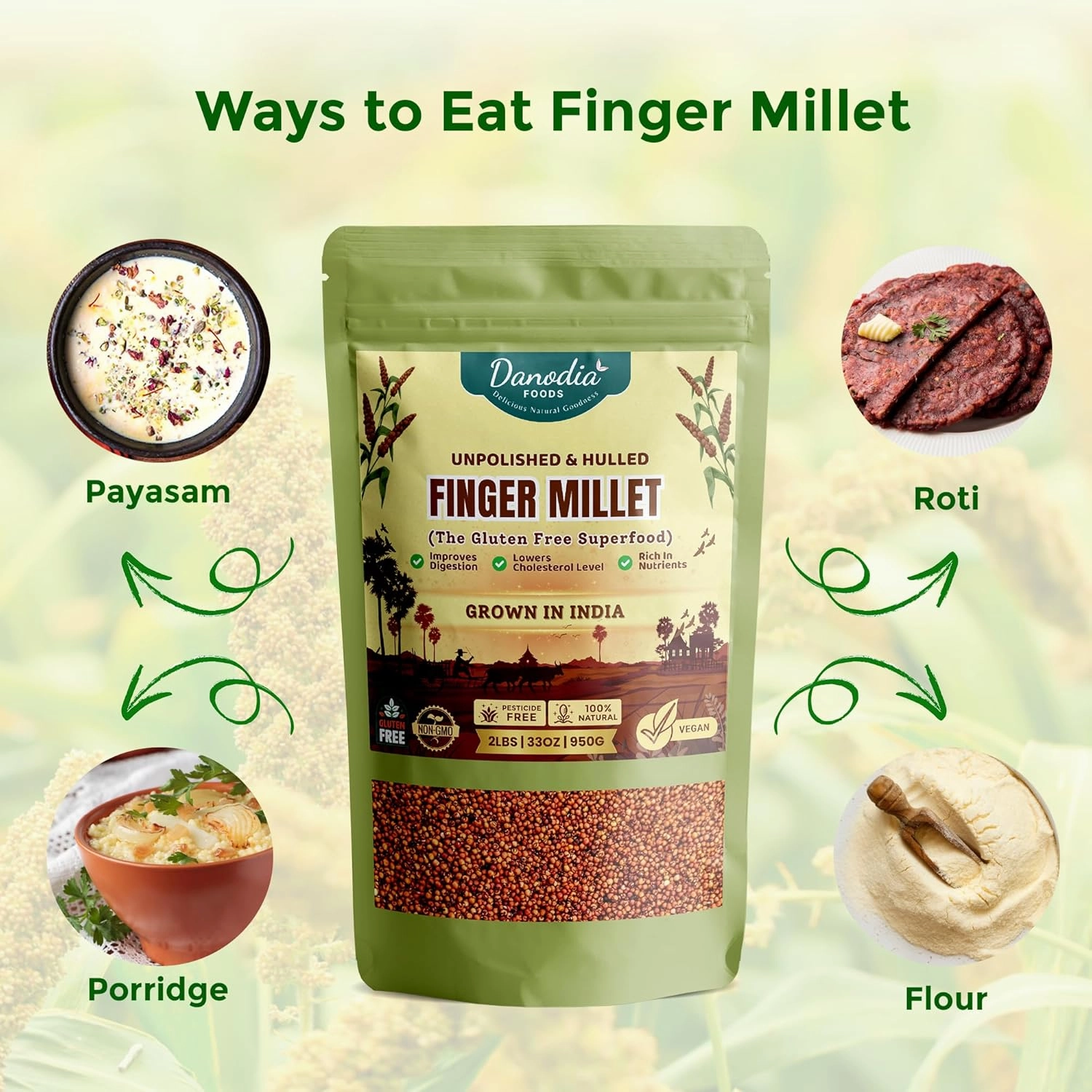 Danodia Foods Whole Grain Finger Millet (Ragi) - 2lbs (950g) | Organic, Hulled, Unpolished, Gluten-Free, Natural Superfood | High in Iron, Calcium, Fiber & Protein | Non-GMO, Plant-Based, Low GI